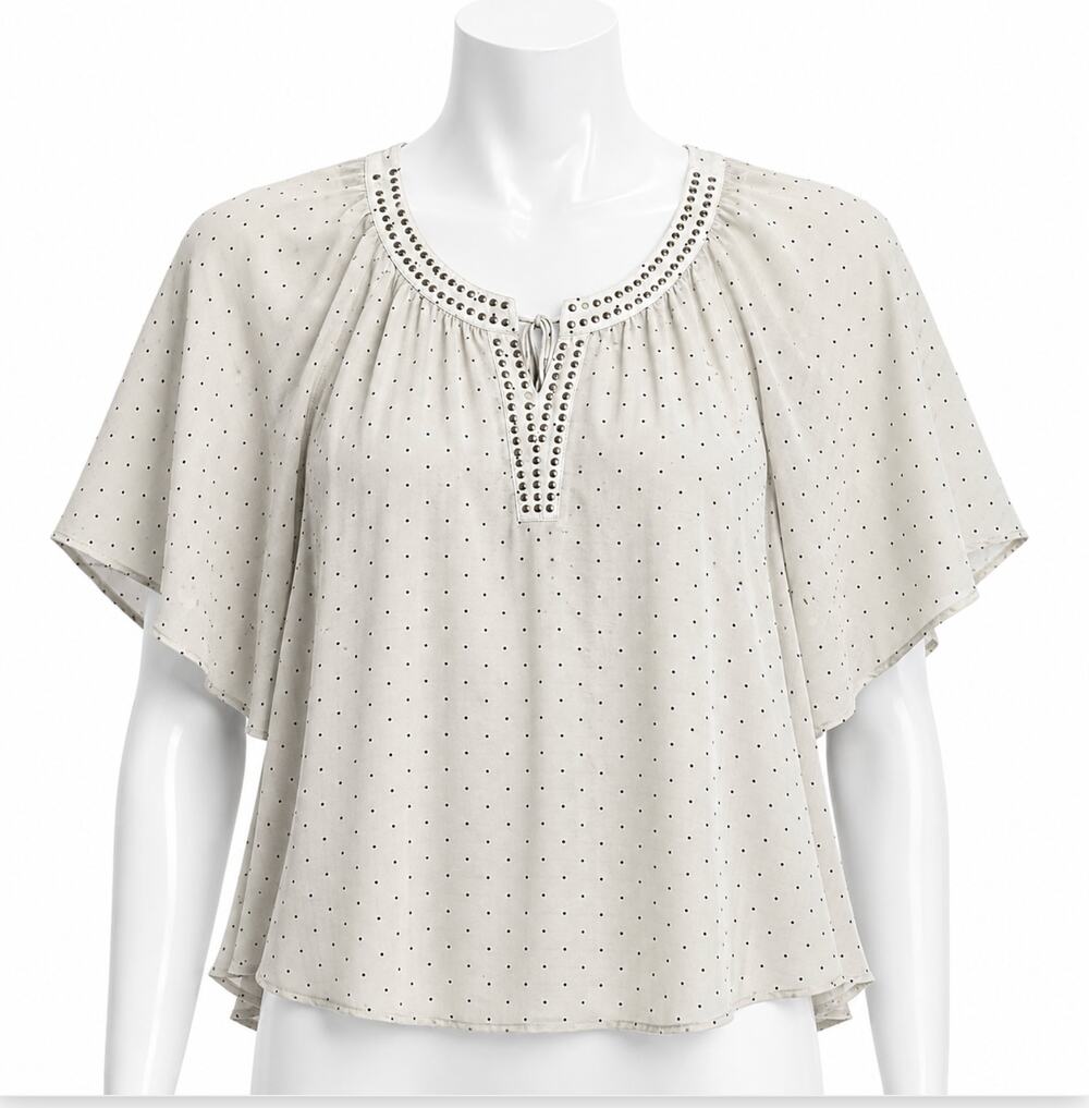 Style co Blouse M Beige Black Polka Dot Casual Minimalist MISSING SOME STUDS